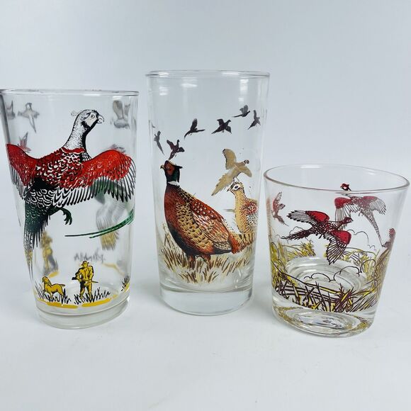 3 Different Pheasant Drinking Glass Barware Tumbler Hunter Bird Hazel Atlas VTG - Picture 1 of 12